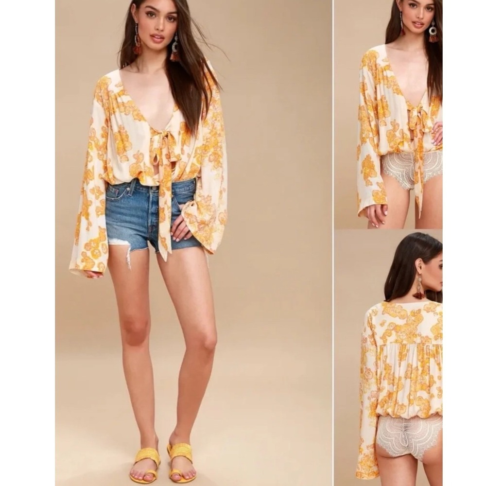 Free People Fortie Feels Floral Tie Front Bodysuit Yellow Orange Bell Sleeve‎ XS